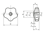 Technical drawing with dimensions of ELESA® VC.253 - Lobe knobs shortened series, with black-oxide steel boss and tapped through-hole
