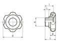 Technical drawing with dimensions of ELESA® VL.140 FP - Lobe knobs with metal boss black-oxide steel boss, undrilled