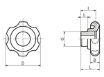 Technical drawing with dimensions of ELESA® VL.140 FP - Lobe knobs with metal boss black-oxide steel boss, undrilled