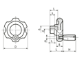 Technical drawing with dimensions of ELESA® VL.140+I - Lobe knobs with revolving handle, black-oxide steel hub and pre-drilled blind hole