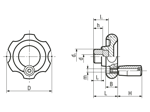 Technical drawing with dimensions of ELESA® VL.140+I - Lobe knobs with revolving handle, black-oxide steel hub and pre-drilled blind hole