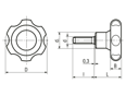 Technical drawing with dimensions of ELESA® VL.155 p - Lobe knobs with threaded stud, steel zinc plated
