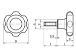 带尺寸的技术图：ELESA® VL.155 p - 凸轮式旋钮 带钢质镀锌螺柱