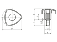 Technical drawing with dimensions of ELESA® VTR-p - Lock knobs with aluminum cover plate and threaded stud, steel zinc plated