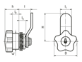 Technical drawing with dimensions of ELESA® VC.309 - Latch-type knobs with lock with folded closing latch, steel zinc plated