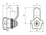Technical drawing with dimensions of ELESA® VC.309 - Latch-type knobs with lock with folded closing latch, steel zinc plated