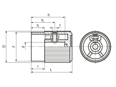 Technical drawing with dimensions of ELESA® IZP. - Knurled control knobs with aluminum cover plate