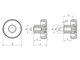 Technical drawing with dimensions of ELESA® MBT. - Diamond cut knurled knobs with brass boss with blind hole H9
