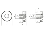 Technical drawing with dimensions of ELESA® MBT. - Diamond cut knurled knobs with brass boss with blind hole H9