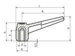 Technical drawing with dimensions of ELESA® MF. - Lever handles with brass boss, threaded blind hole