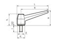 Technical drawing with dimensions of ELESA® MF.p - Lever handles with threaded stud, steel zinc plated