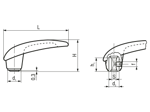 Technical drawing with dimensions of ELESA® M.180 - Lever handles with brass boss, blind square hole
