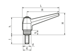 Technical drawing with dimensions of ELESA® MR.p - Adjustable handles with threaded stud, steel black-oxide