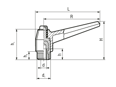 Technical drawing with dimensions of ELESA® MRX. - Adjustable handles with retaining pin, brass boss and tapped blind hole