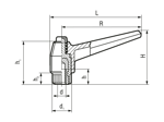 Technical drawing with dimensions of ELESA® MRX. - Adjustable handles with retaining pin, brass boss and tapped blind hole
