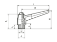 Technical drawing with dimensions of ELESA® MRX-SST - Adjustable handles with retaining pin, stainless steel boss and tapped blind hole