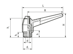 Technical drawing with dimensions of ELESA® MRX-SST - Adjustable handles with retaining pin, stainless steel boss and tapped blind hole