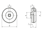 Technical drawing with dimensions of ELESA® VZ. - Knurled knobs with square through-hole and brass reinforcement