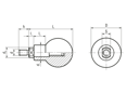 Technical drawing with dimensions of ELESA® P.111+x - Revolving handles with threaded stud and spanner flats, steel zinc plated