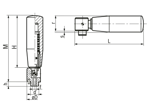 带尺寸的技术图：ELESA® IR.302 - 折叠手柄 带氧化发黑钢质双导螺柱