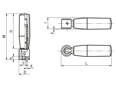 带尺寸的技术图：ELESA® IR.612 - 折叠手柄 带氧化发黑钢质双导螺柱