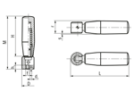 带尺寸的技术图：ELESA® IR.612 - 折叠手柄 带氧化发黑钢质双导螺柱