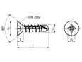 Technical drawing with dimensions of ecosyn® MRX PPZ - Pozi flat countersunk head self-drilling screws form Z
