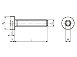Technical drawing with dimensions of Hexalobular (6 Lobe) socket cheese head screws with low head, fully threaded