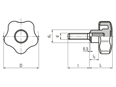 Technical drawing with dimensions of ELESA® VCT.p SOFT - Lobe knobs with threaded stud, steel zinc plated