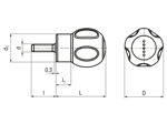 带尺寸的技术图：ELESA® Ergostyle EBK-p-SOFT - 手柄 带钢质镀锌螺柱