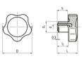 Technical drawing with dimensions of ELESA® VC.692 - Lobe knobs with brass boss, tapped blind hole