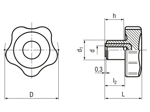 Technical drawing with dimensions of ELESA® VC.692-SST - Lobe knobs with stainless steel boss and tapped blind hole