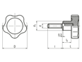 Technical drawing with dimensions of ELESA® VC.692 p - Lobe knobs with threaded stud, steel zinc plated