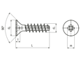 Technical drawing with dimensions of EJOT PT® - Flat countersunk head screws with Pozidriv cross recess form Z