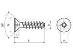Technical drawing with dimensions of EJOT PT® - Flat countersunk head screws with Pozidriv cross recess form Z