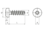 Technical drawing with dimensions of EJOT PT® - Pan head screws with hexalobular socket Torx®