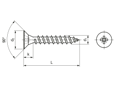 Technical drawing with dimensions of Pozi flat countersunk head chipboard screws form Z, fully threaded