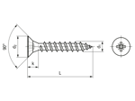 Technical drawing with dimensions of Pozi flat countersunk head chipboard screws form Z, fully threaded