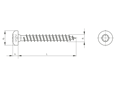 Technical drawing with dimensions of Hexalobular (6 Lobe) socket pan head chipboard screws fully threaded