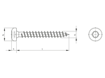 Technical drawing with dimensions of Hexalobular (6 Lobe) socket pan head chipboard screws fully threaded