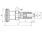 Technical drawing with dimensions of HALDER EH 22110. - Index plungers compact with metric fine thread and hex collar without locking