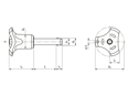 Technical drawing with dimensions of HALDER EH 22370. - Ball lock pins self-locking, with combination handle Handle: gray / orange