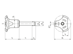 Technical drawing with dimensions of HALDER EH 22370. - Ball lock pins self-locking, with combination handle Handle: gray / orange