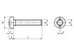 Technical drawing with dimensions of Hexalobular (6 Lobe) socket pan head screws with uncontinuous slot fully threaded