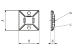 Technical drawing with dimensions of Panduit® - 4-way adhesive backed mounts for cable ties