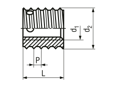 Technical drawing with dimensions of Ensat® SB 307/308 - Self-cutting thread inserts with cutting hole, for light metals, thermoplastics and thermoset plastics