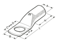 Technical drawing with dimensions of BM - Compression cable lugs Standard type, with inspection hole