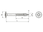 Technical drawing with dimensions of SPAX® - Hexalobular (6 Lobe) T-STAR plus flange head screws for timber construction with 4CUT point
