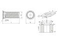 Technical drawing with dimensions of PEM® FHP - Self-clinching threaded studs for stainless steel and metallic materials