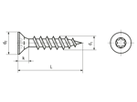 Technical drawing with dimensions of Hexalobular (6 Lobe) socket flat countersunk head chipboard screws fully threaded